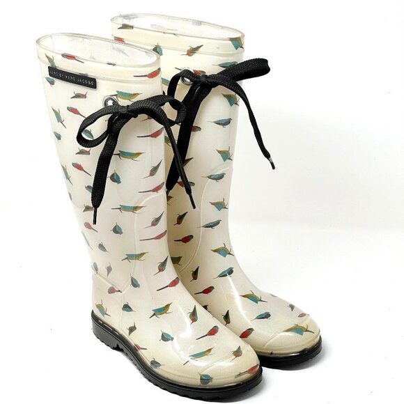 Marc Jacobs Rain Boots Tall Rubber White Multicolor Bird Print. Size 5.5 - Picture 2 of 16